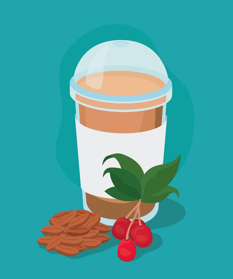 iced coffee mug with berries, leaves, and beans vector design