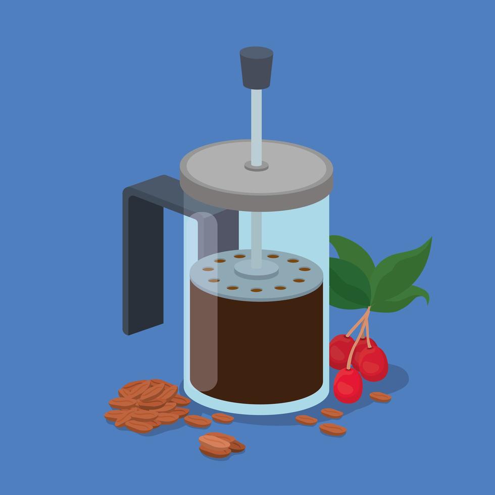 coffee french press, beans, berries, and leaves vector design
