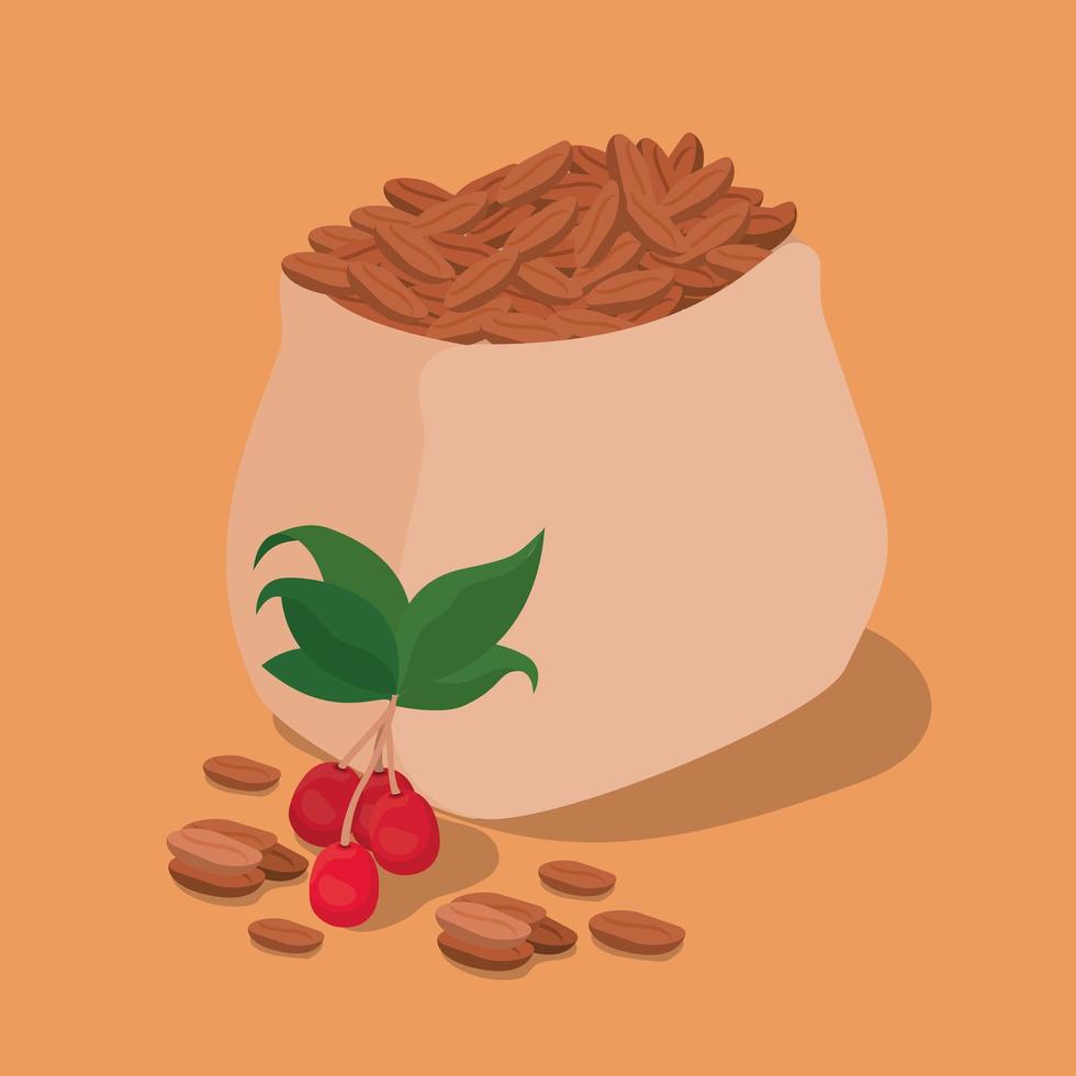 coffee beans, bag, berries, and leaves vector design