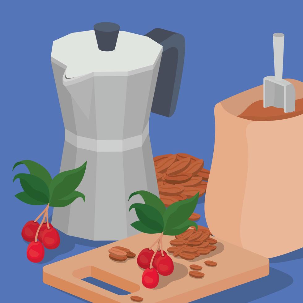 coffee beans, bag, moka pot, berries, and leaves vector design