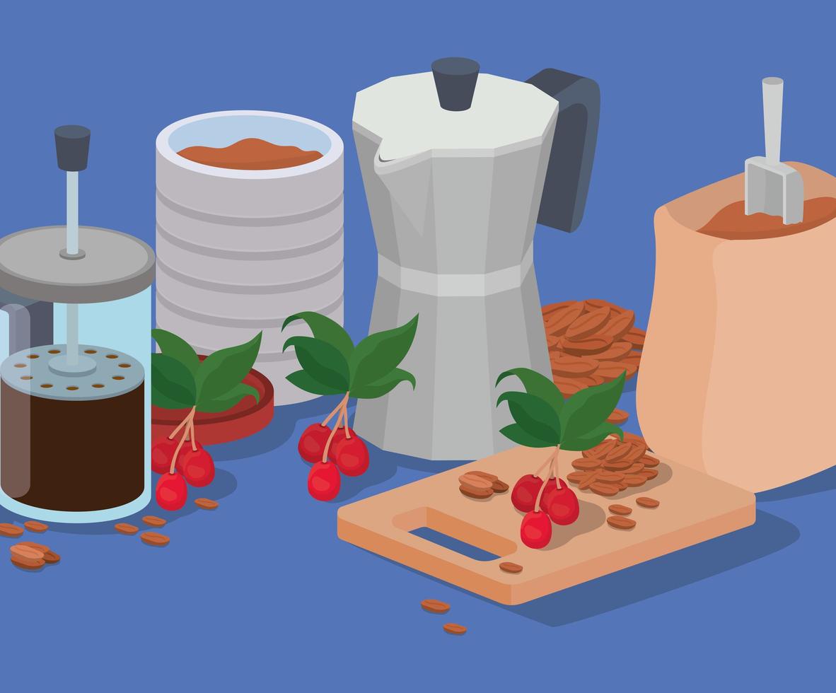 coffee french press, jar, moka pot, and bag vector design