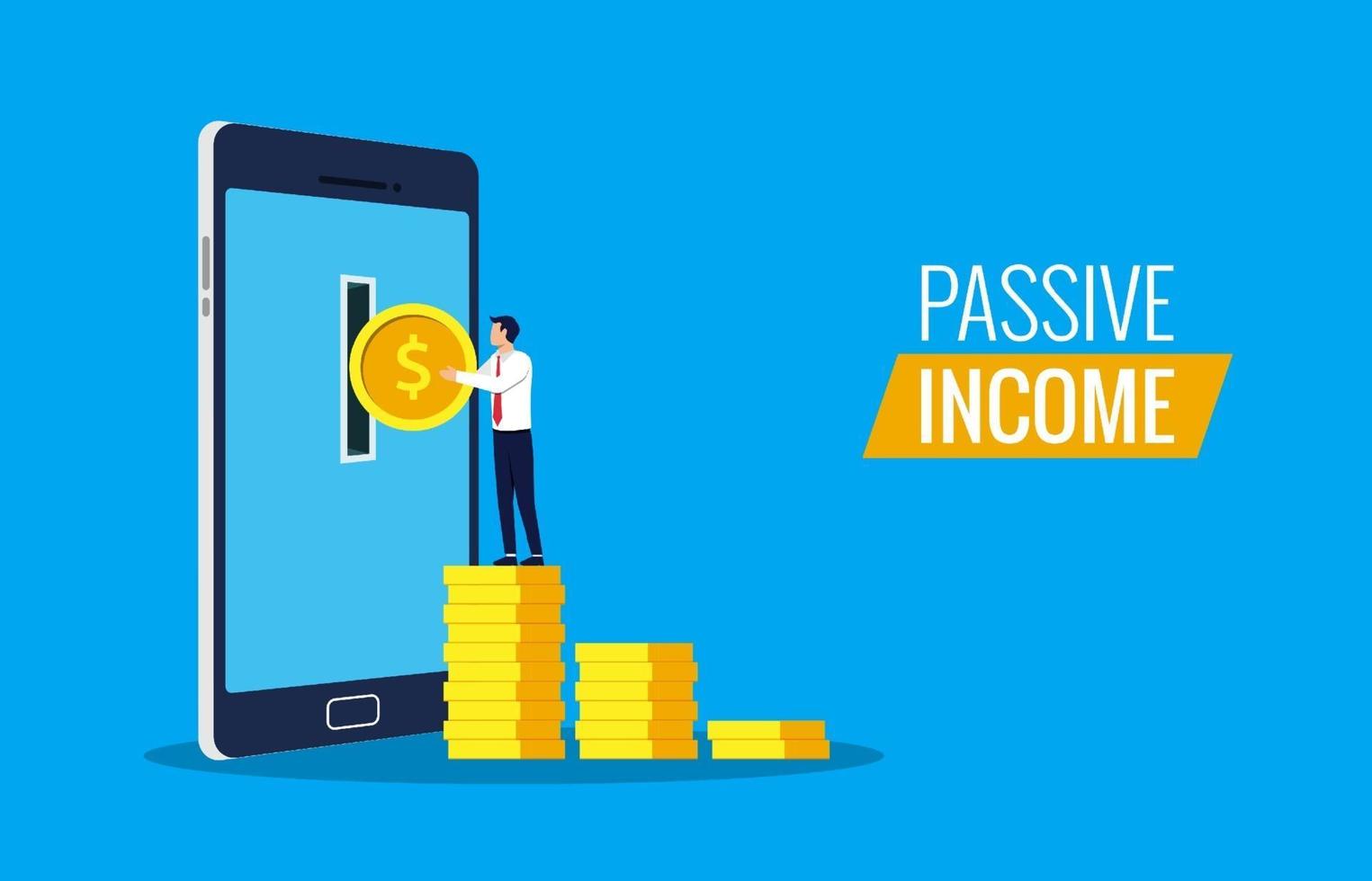 Passive income from online concept. Businessman taking money from smartphone. vector