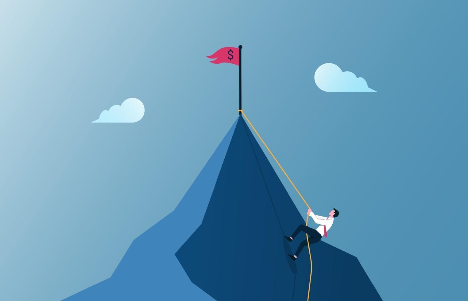 hombre de negocios escalando la ilustración de la montaña. Motivación empresarial y esfuerzo en concepto de carrera. vector