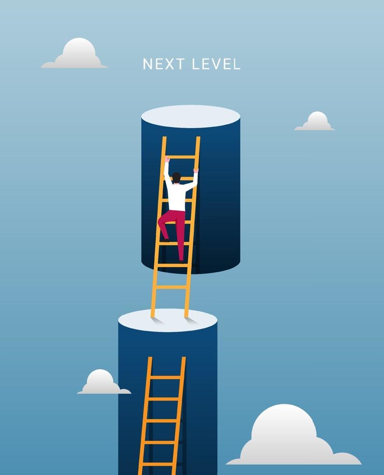 Next level to success concept. Businessman climbing double giant walls toward sky with ladders illustration. vector