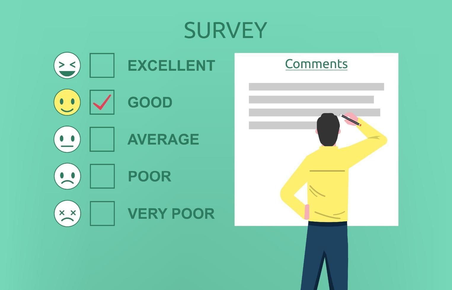 Man filling survey form concept. A survey questionnaire for customer satisfaction vector illustration