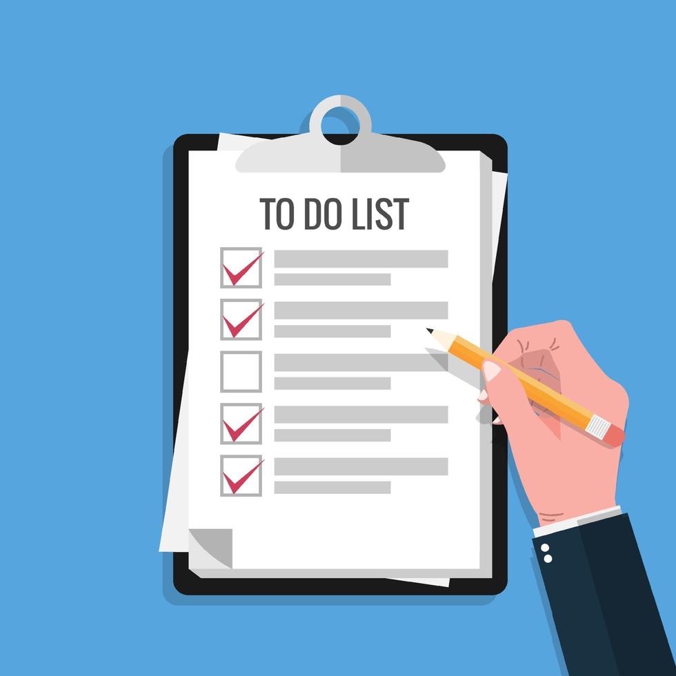 Hand holding pencil and fill check mark on to do lists paper sheet with clipboard and blue background. vector
