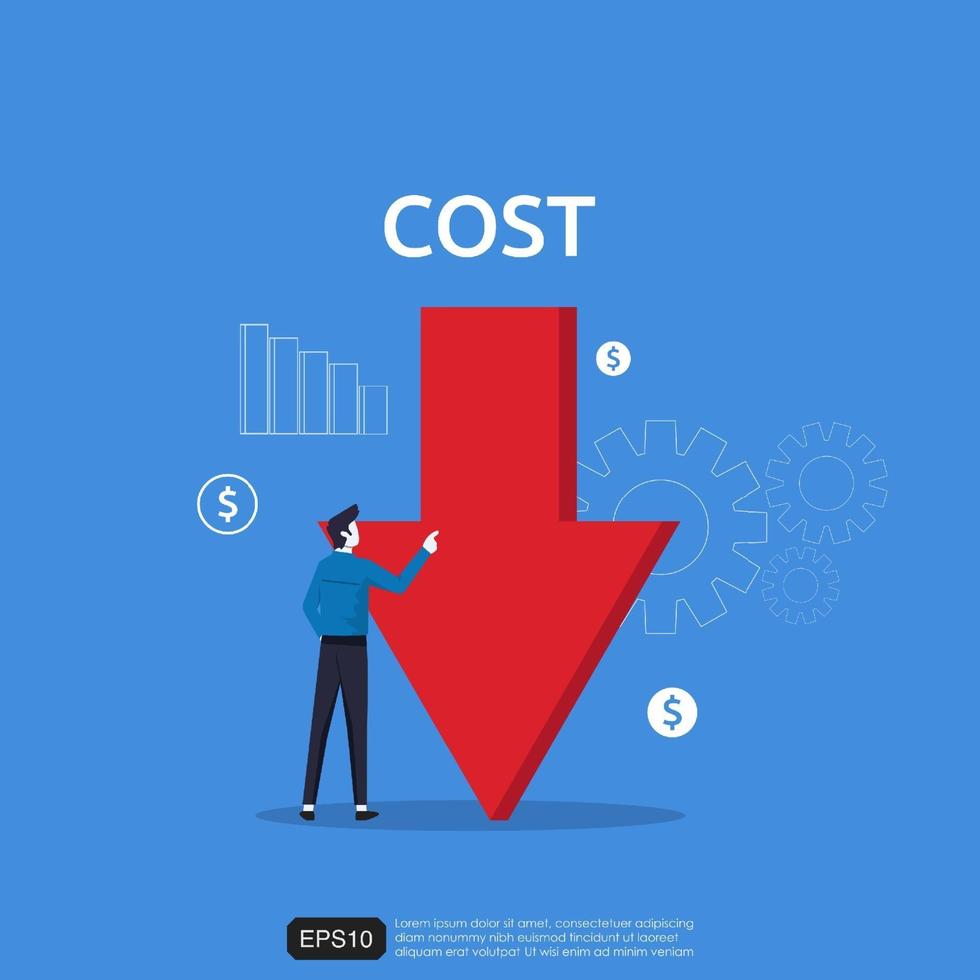 Cost reduction concept with businessman character and down arrow symbol vector illustration.