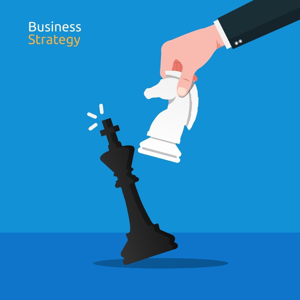 Close up shot hand of business man moving white knight chess to defeat black king chess concept. Business strategy vector illustration