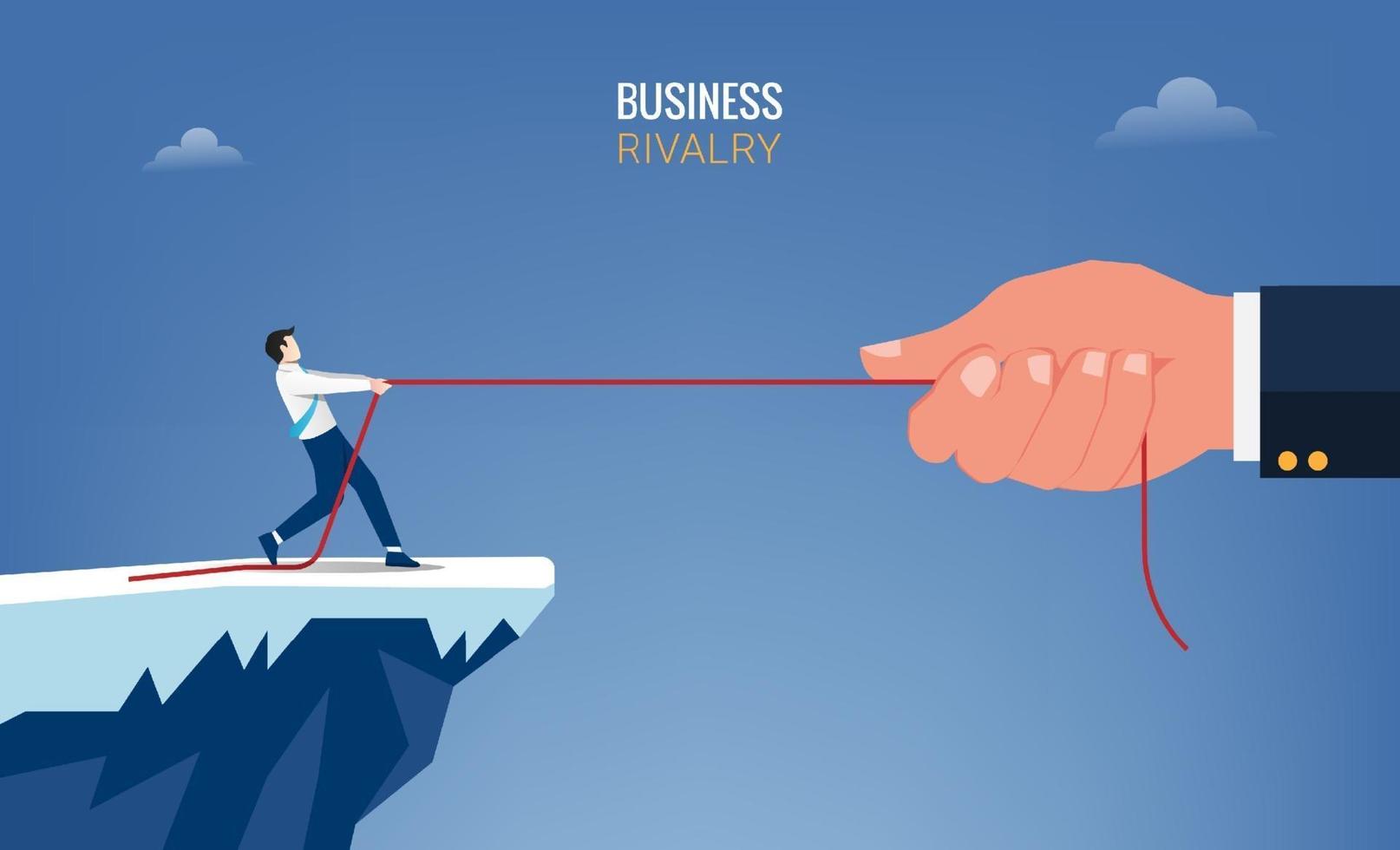 Businessman and big hand pull the rope concept. Business rivalry symbol vector illustration