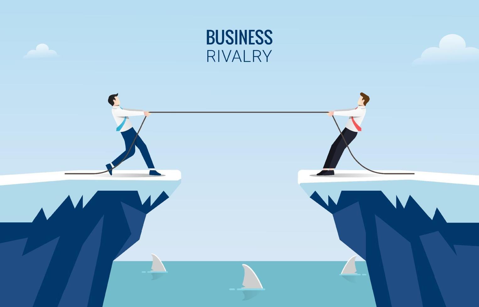 Two businessmen pull rope at edge of cliff concept. Business competition challenge vector illustration