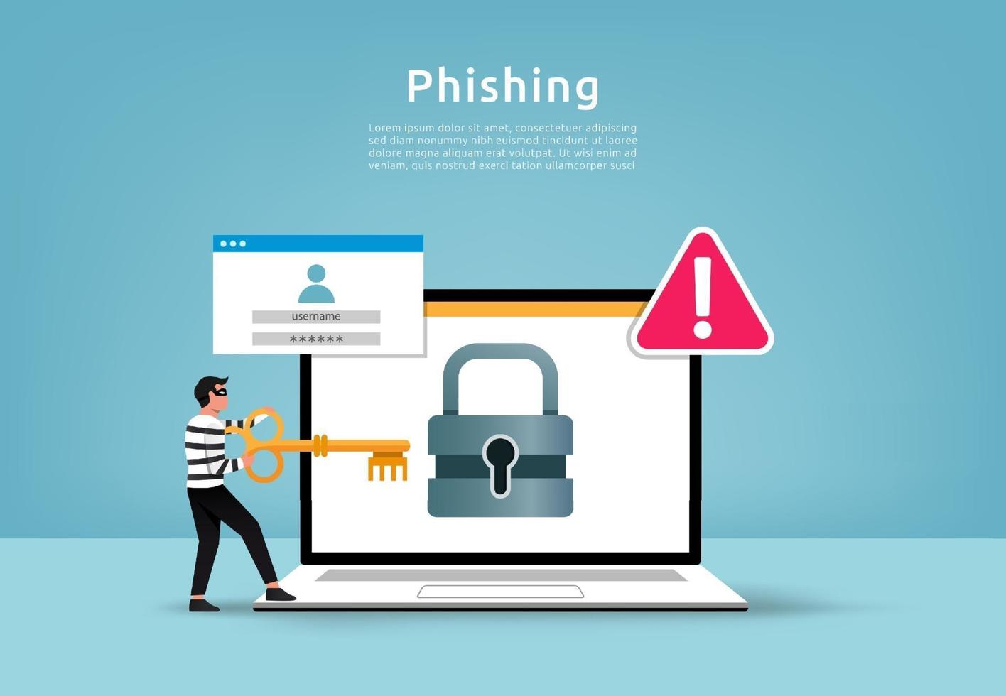 hacker robando concepto de datos digitales. cuenta de phishing con ilustración de vector de marca de advertencia.