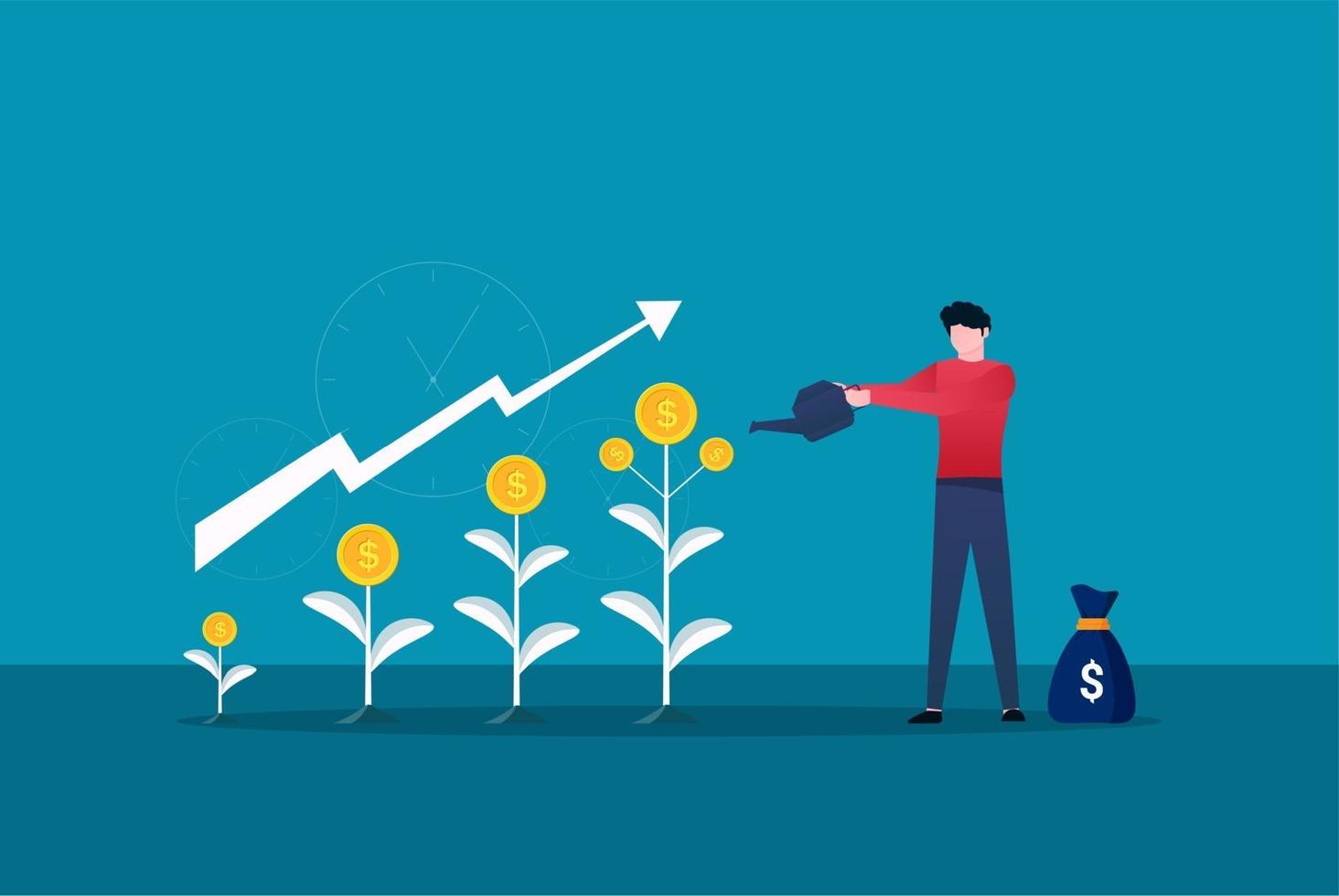 businessman is watering money tree grow. Financial profit growth vector illustration. return on investment with arrow symbol