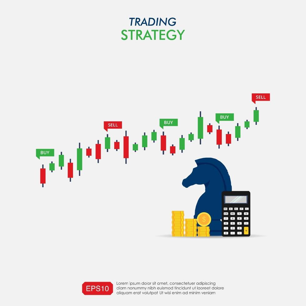 concepto de diseño de estrategia comercial. estrategias de inversión y concepto de arte de línea de comercio en línea. indicadores de compra y venta en el diseño gráfico del gráfico de velas. ilustración de plantilla de vector