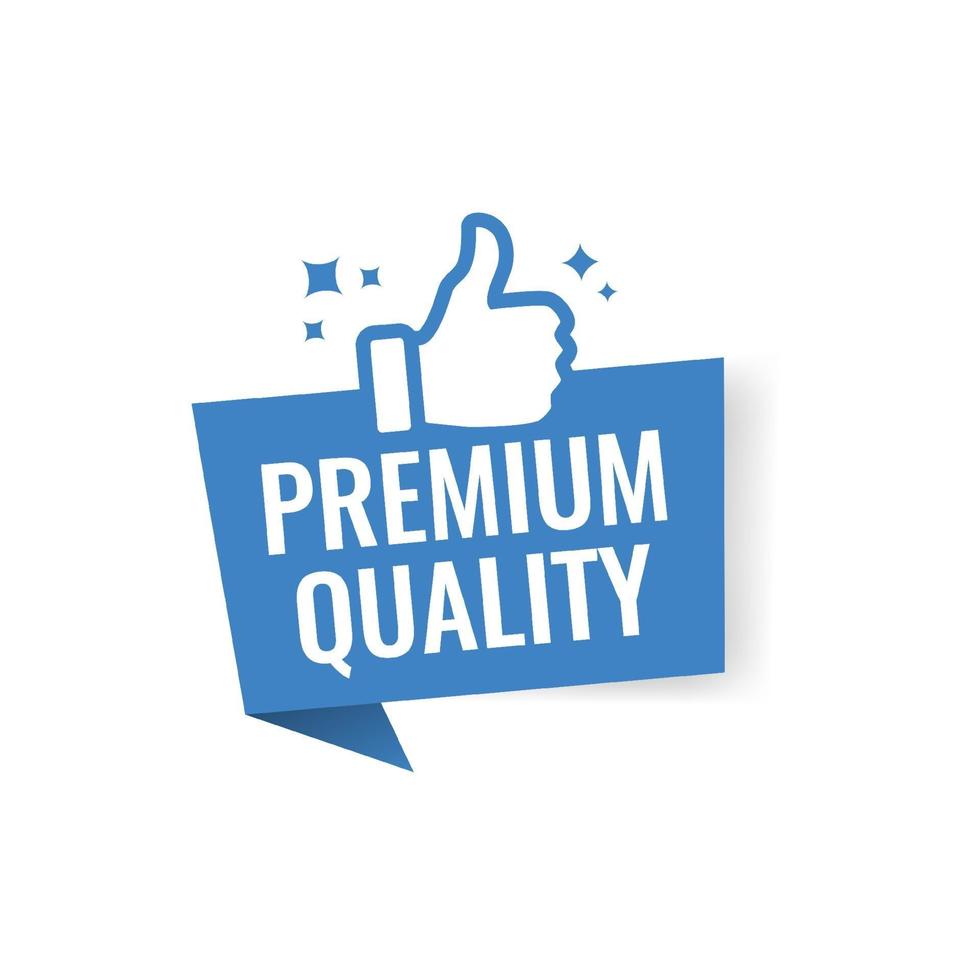 blue color label premium quality with thumb up. web banner illustration element vector