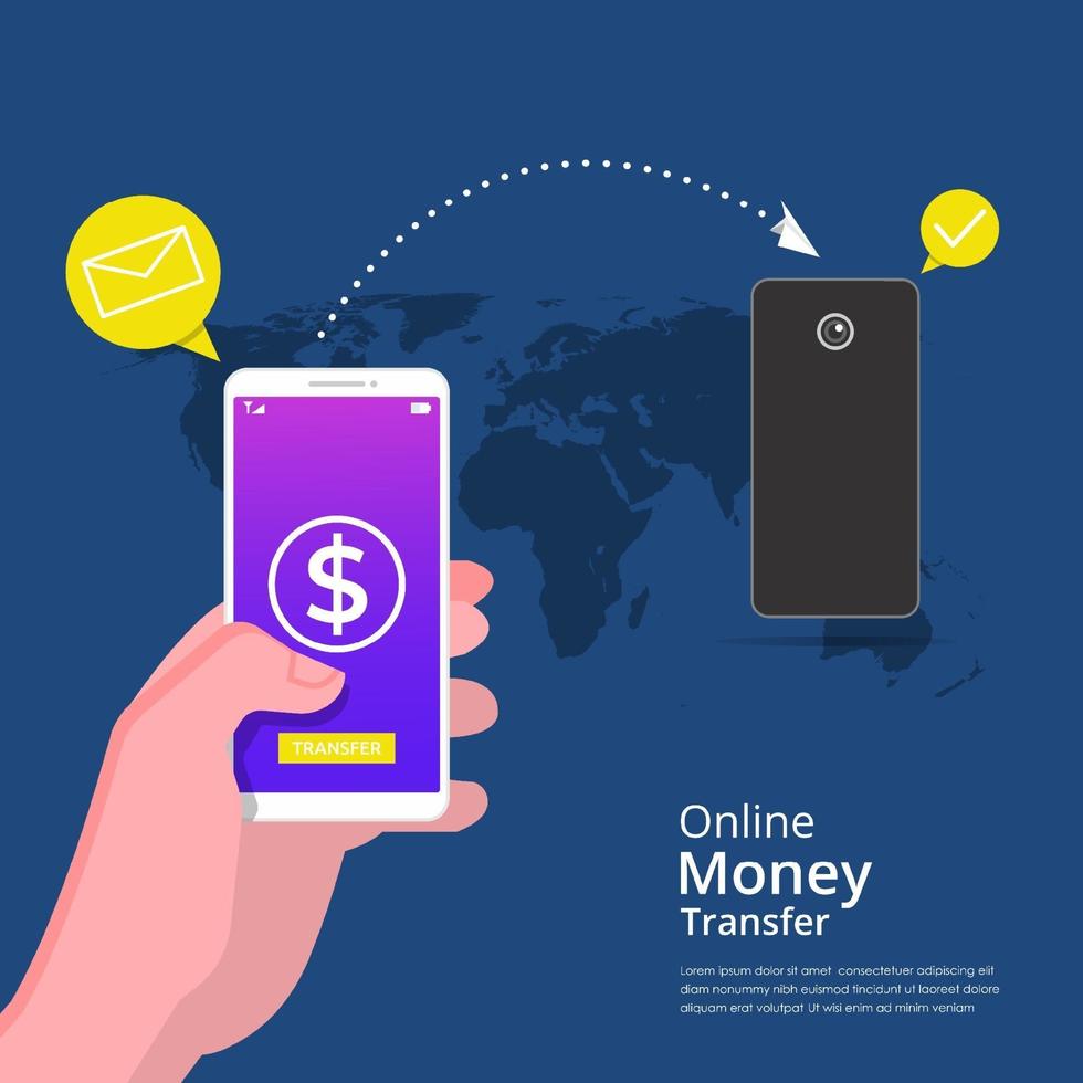 concepto de transferencia de dinero en línea. manos sosteniendo el teléfono inteligente para transferir dinero a través de Internet con el símbolo de mapa, dólar y flecha. se puede utilizar para banner, página de destino, folleto, aplicación de redes sociales vector