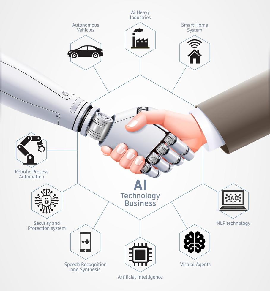 Ai robot and business man handshake together. Vector illustration design.
