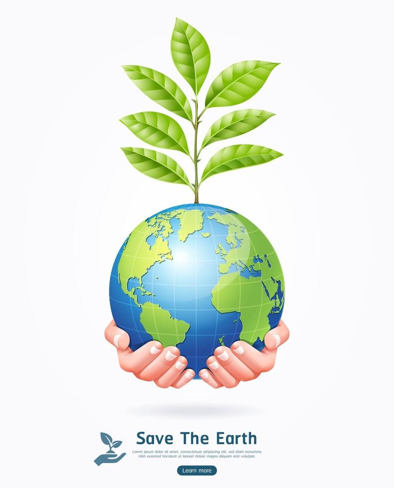 Save the earth concept. Earth with tree in hands vector illustration.