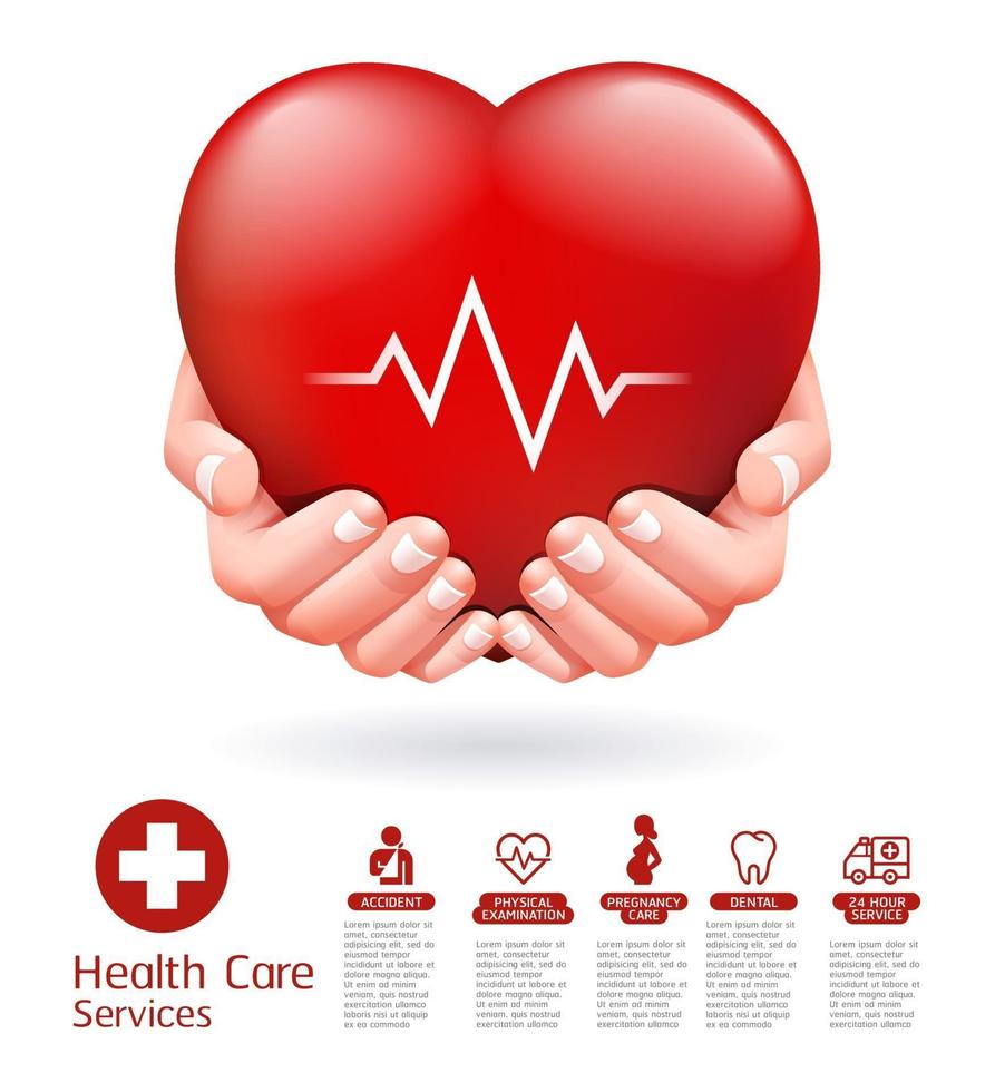 Two hands and red heart conceptual design. Health care service vector illustration.