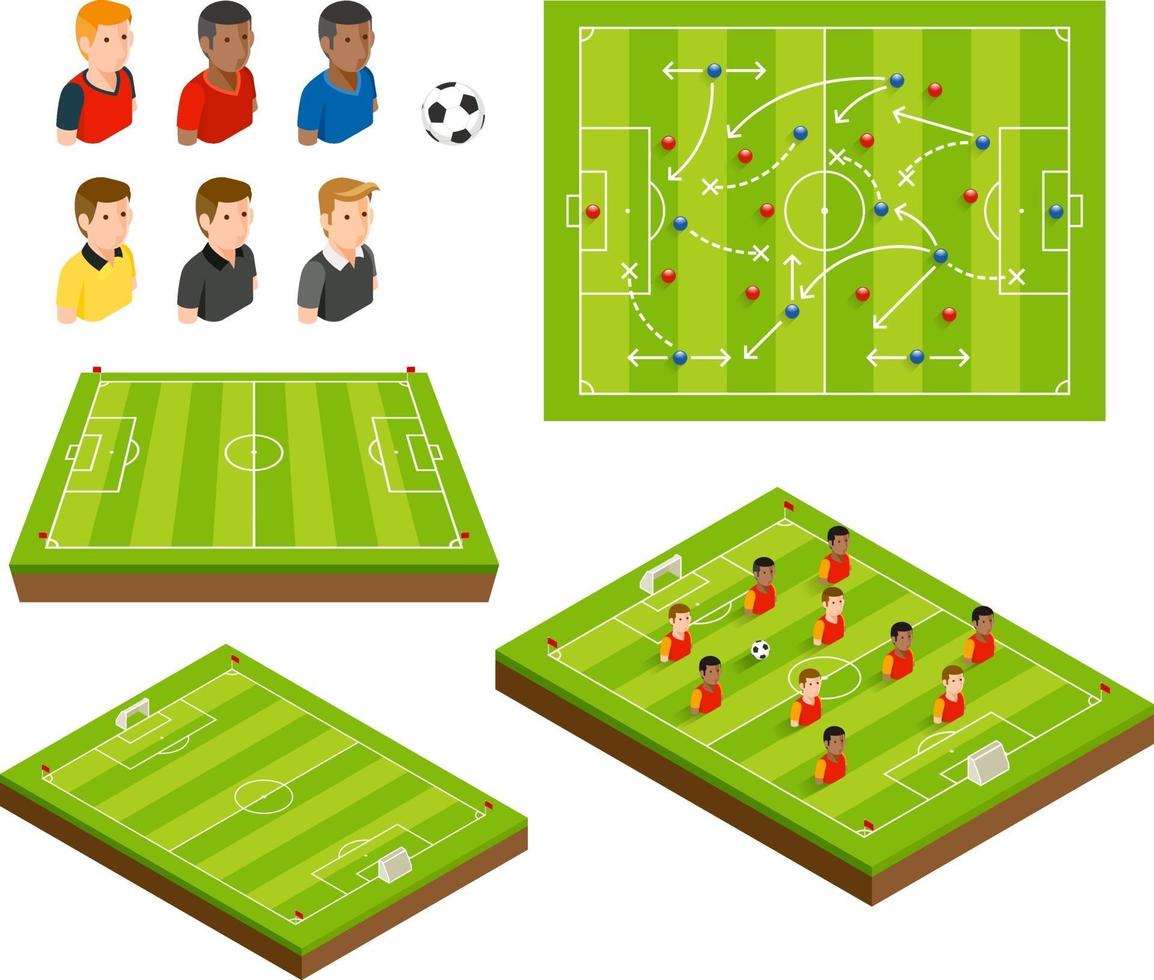 Soccer football field and soccer player isometric icons. Vector illustrations.
