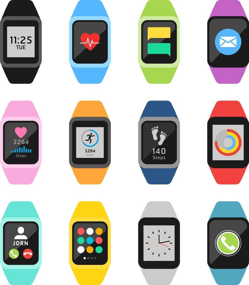 Fitness watches and trackers set. Vector illustrations.