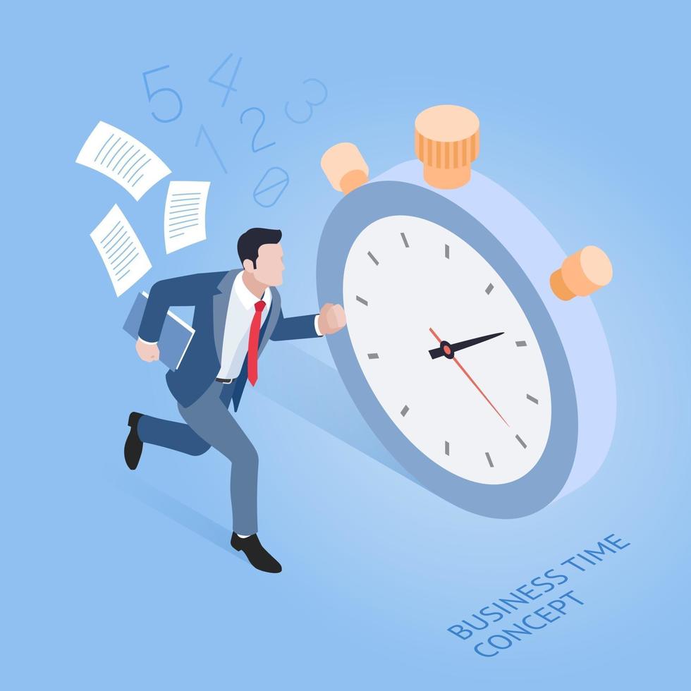 Business time concept. Businessman running with stopwatch. Isometric vector illustration.