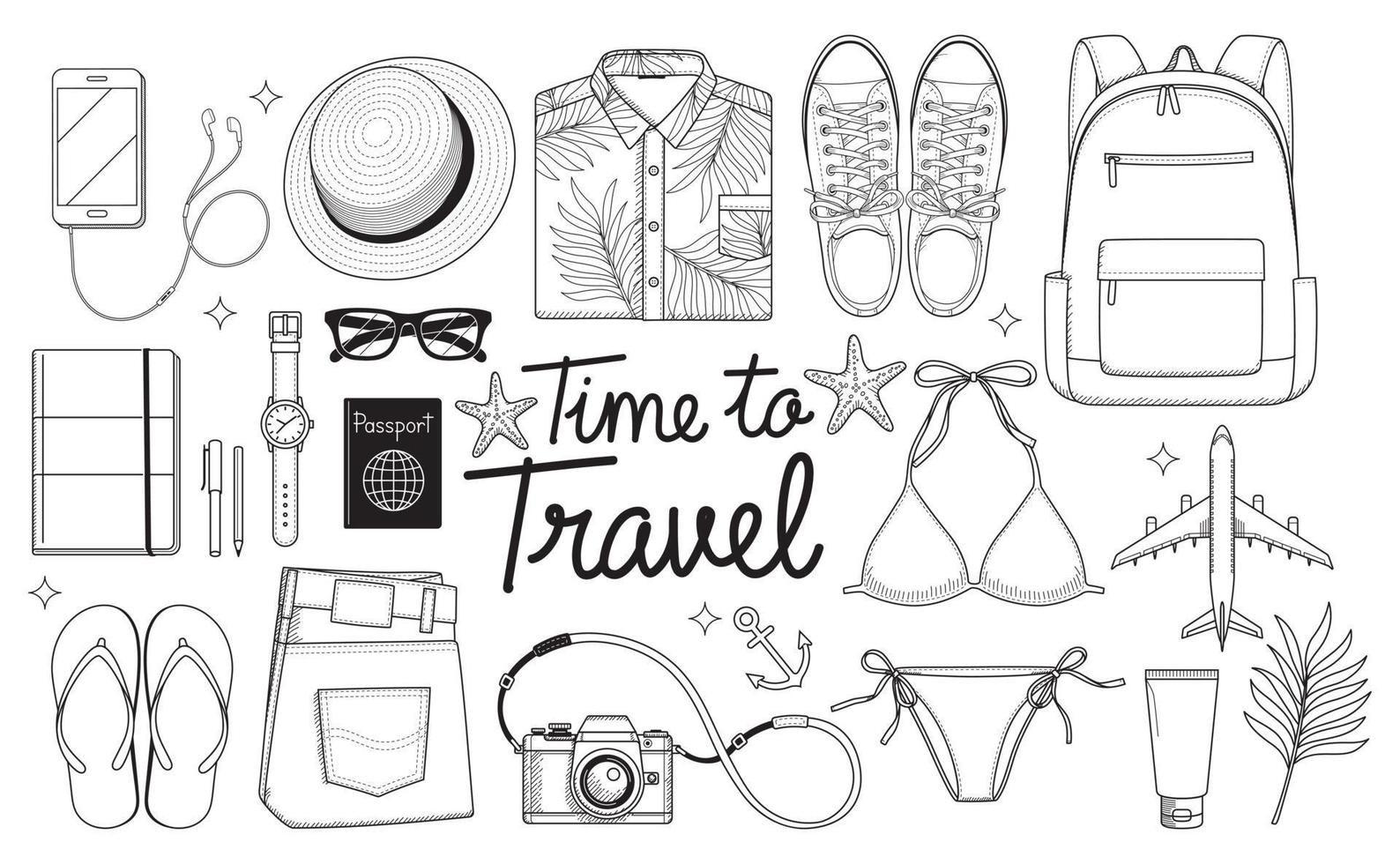 Time to travel concept. Travel objects flat lay drawing style vector illustration background.