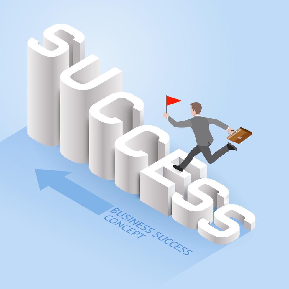 Business success concept. Businessman running up on success text. Isometric vector illustration.