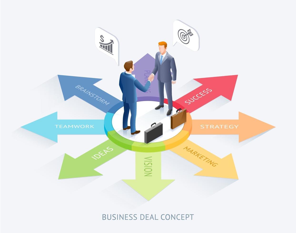 Business partnership conceptual design. Businessmen handshake together on top arrow infographics background. vector