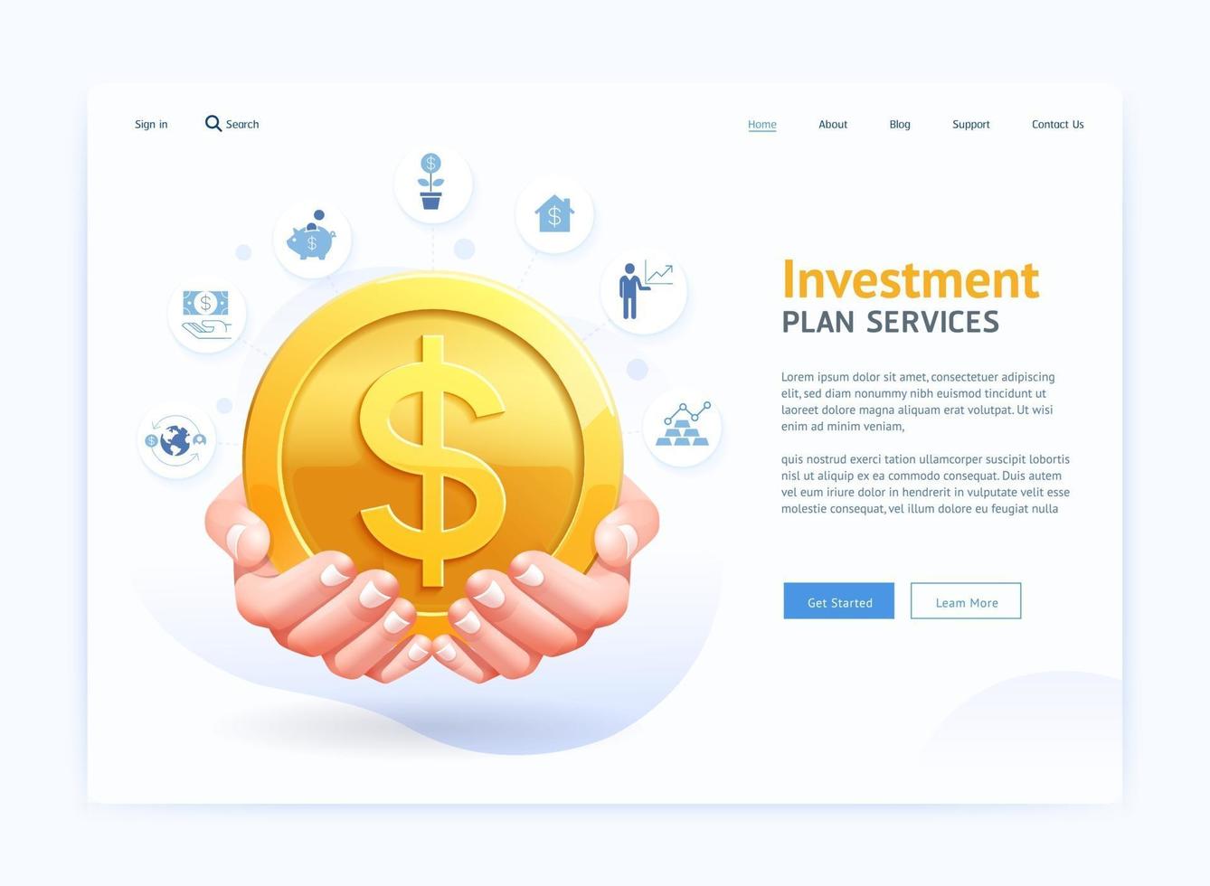 diseño de interfaz de usuario de sitio web de página digital de negocios. mano sosteniendo una moneda de oro vector