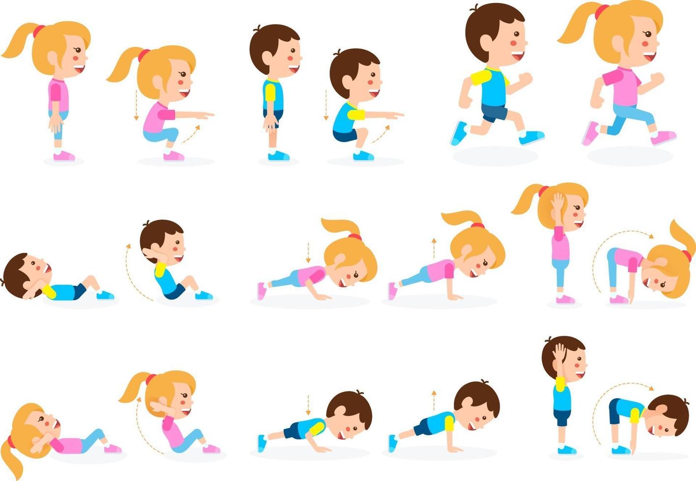 Girl and boy children fitness exercise set. Vector illustration.