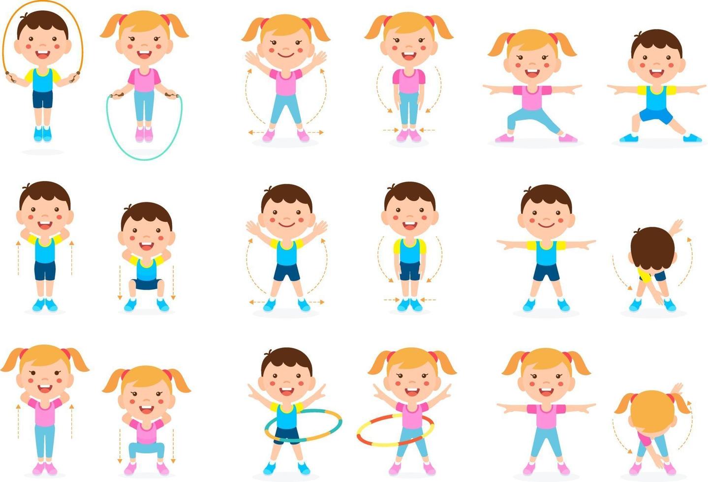 Girl and boy children fitness exercise set. Vector illustration.