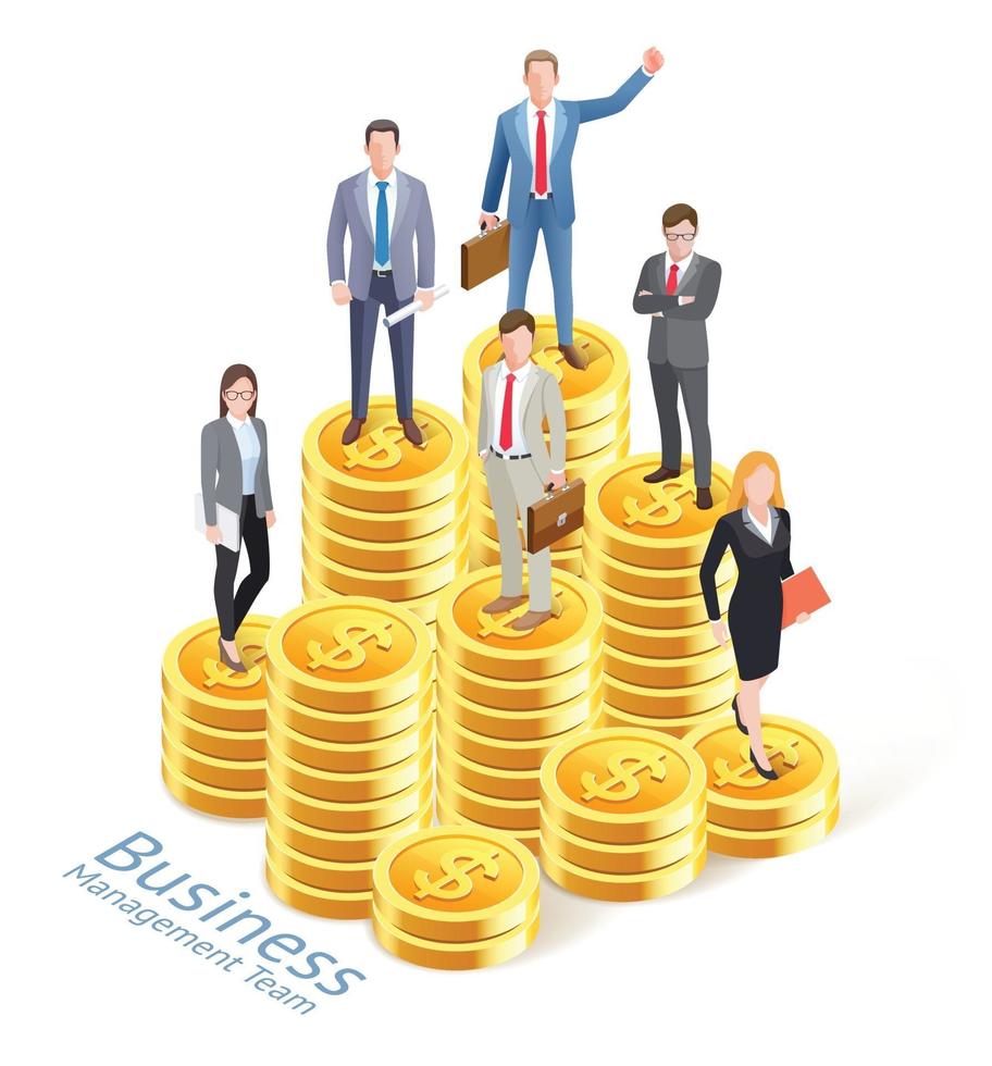 Business management concept background. Business people worker team with gold coin stacks. vector