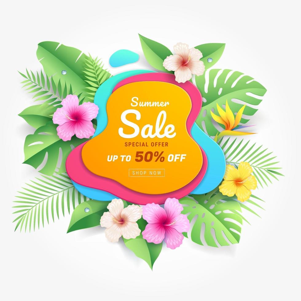 Summer sale card with hibiscus flowers on tropical leaf paper cut style background. Vector illustration