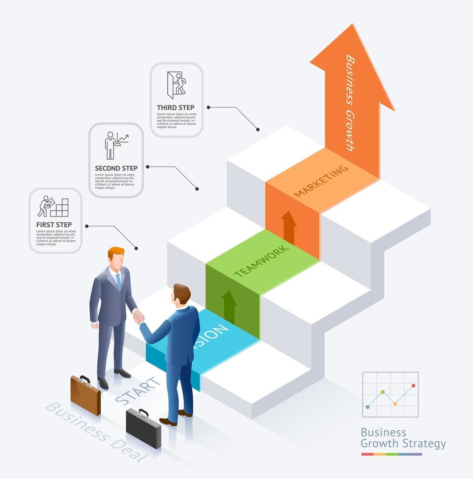 diseño conceptual de asociación empresarial. Apretón de manos de empresarios juntos frente a las escaleras con fondo de plantilla gráfica de diagrama de infografías de flecha. vector