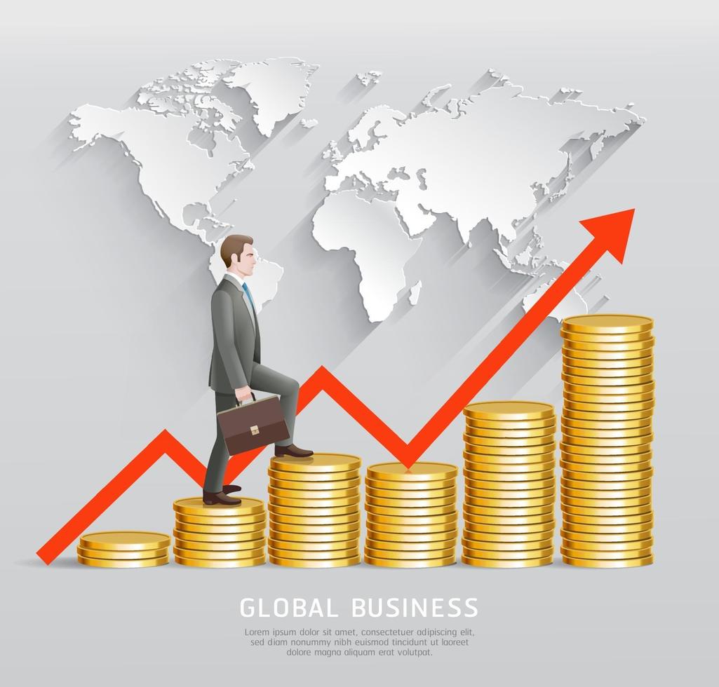 Global business concept. Businessman climbing up on gold cions with red arrow and world map. vector