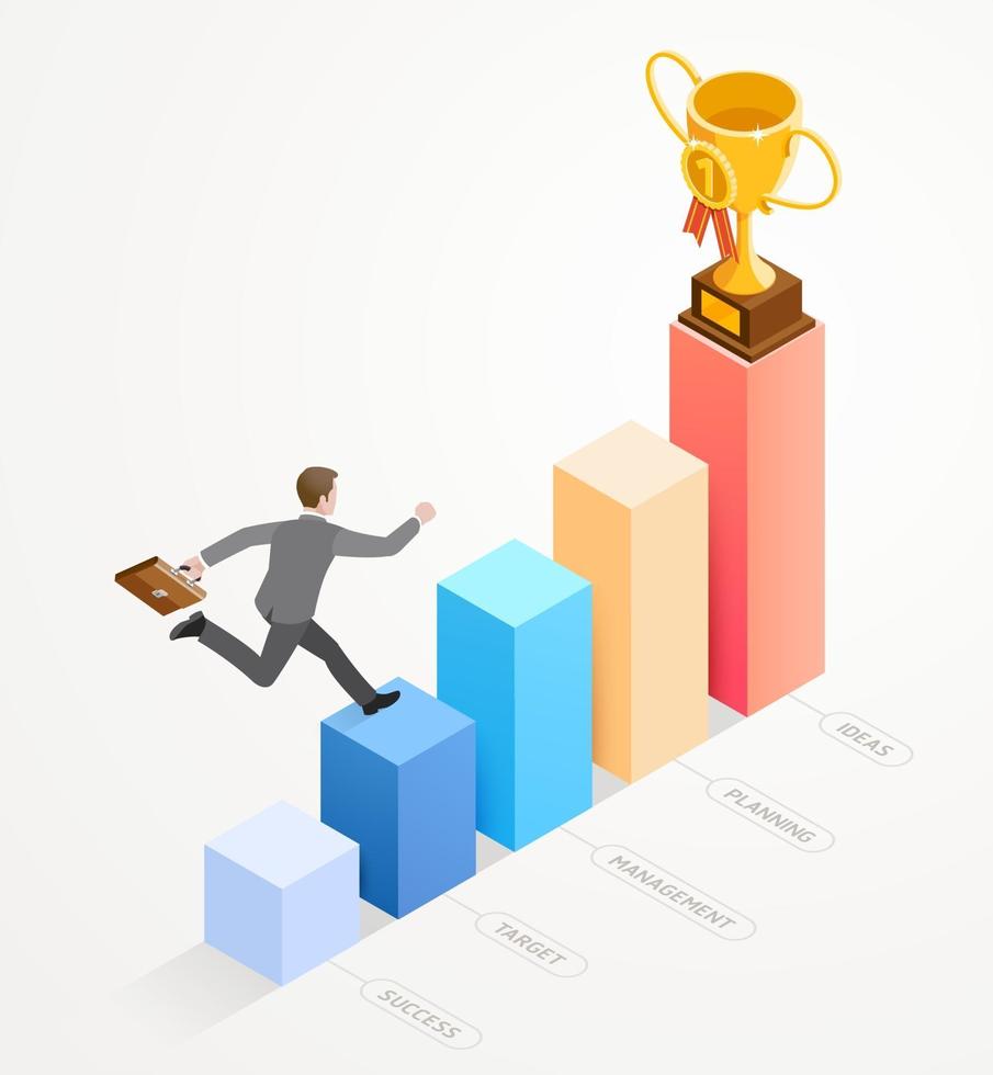 Business people isometric concept design. Businessman running with work bag on bar chart infographics. vector