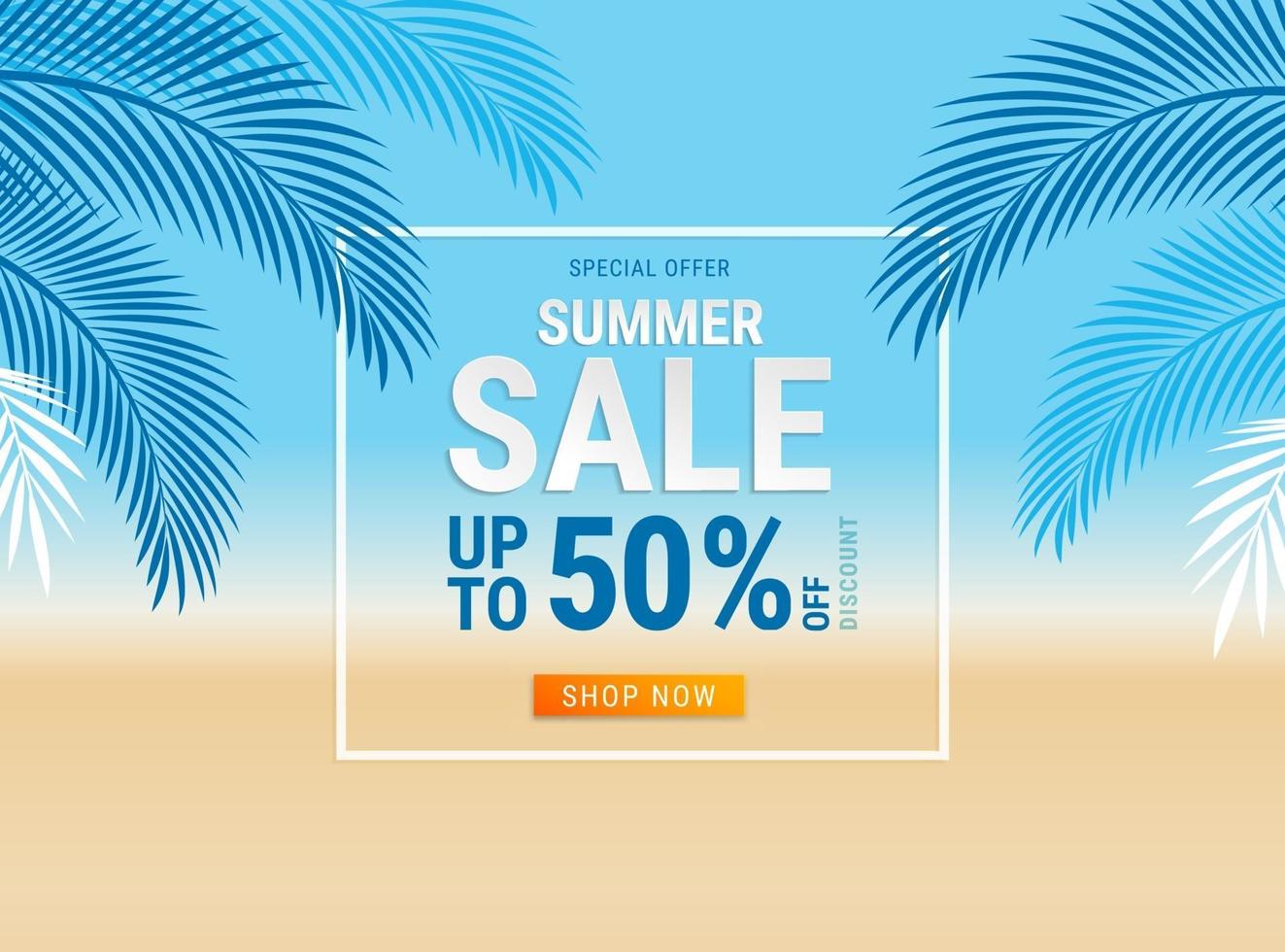 Summer sale card with coconut leaves on the beach background. Vector illustration