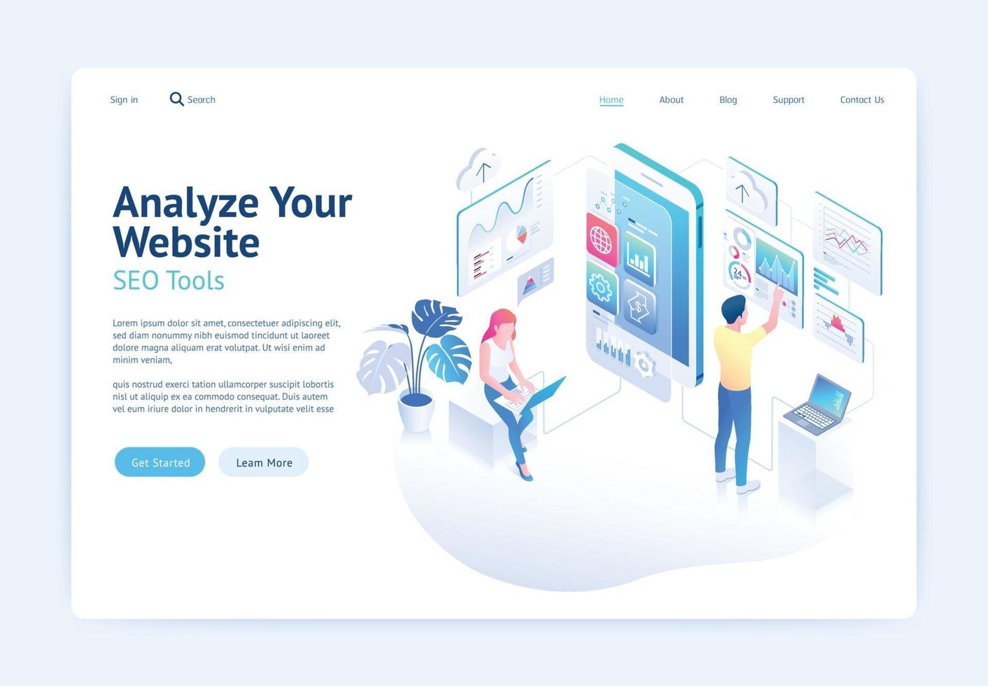 Analyze website application development vector isometric illustrations.