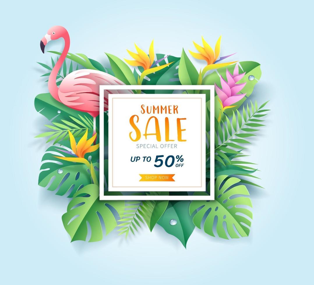 Summer sale card with pink flamingo on tropical leaf paper cut background. Vector illustration