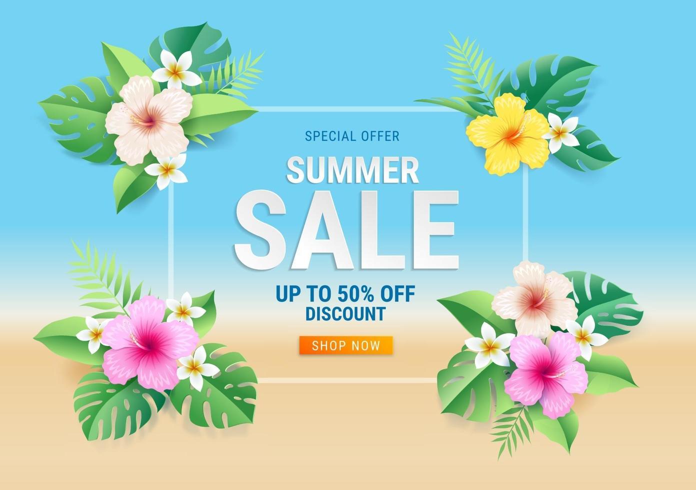 Summer sale card with hibiscus flowers on tropical leaf on the beach background. Vector illustration