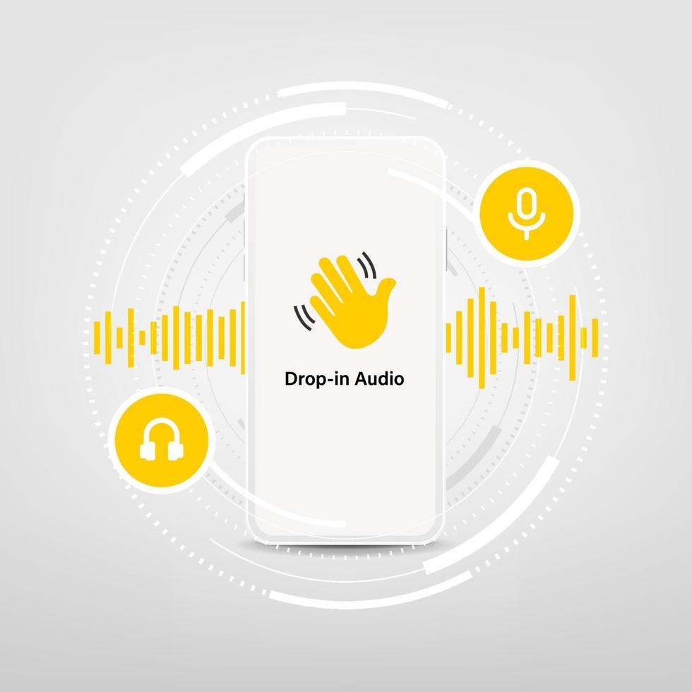 Smartphone with waving hand, text Drop-in audio and microphone. Audio chat social network application on a mobile phone. vector