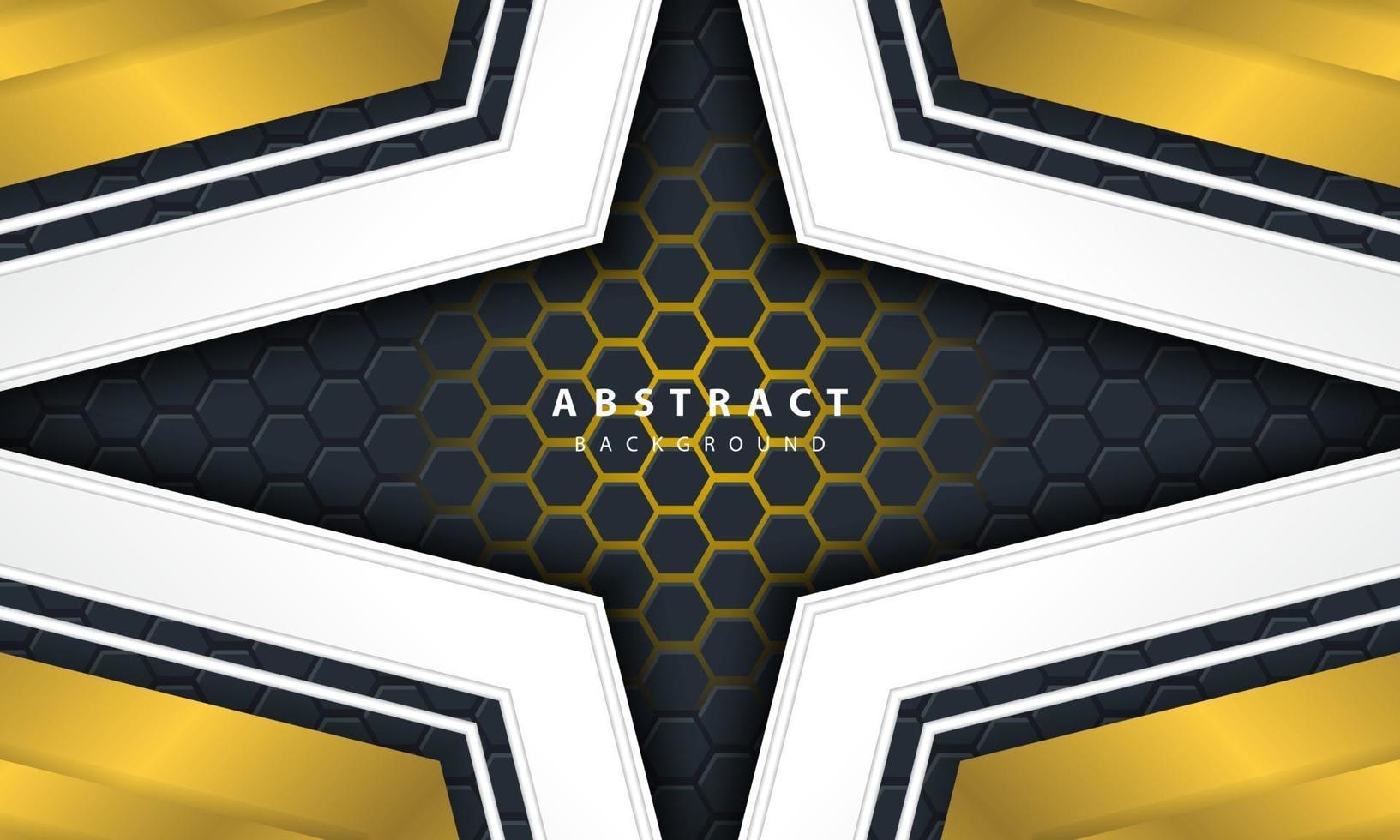3D abstract gold light hexagonal background with gold and white frame shapes. vector