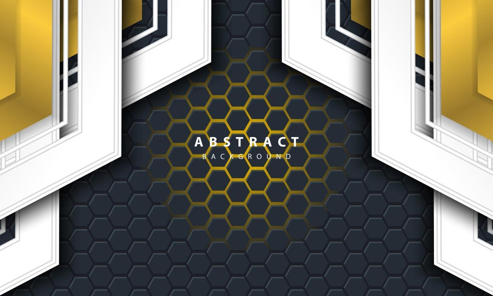 3D abstract gold light hexagonal background with gold and white frame shapes. vector