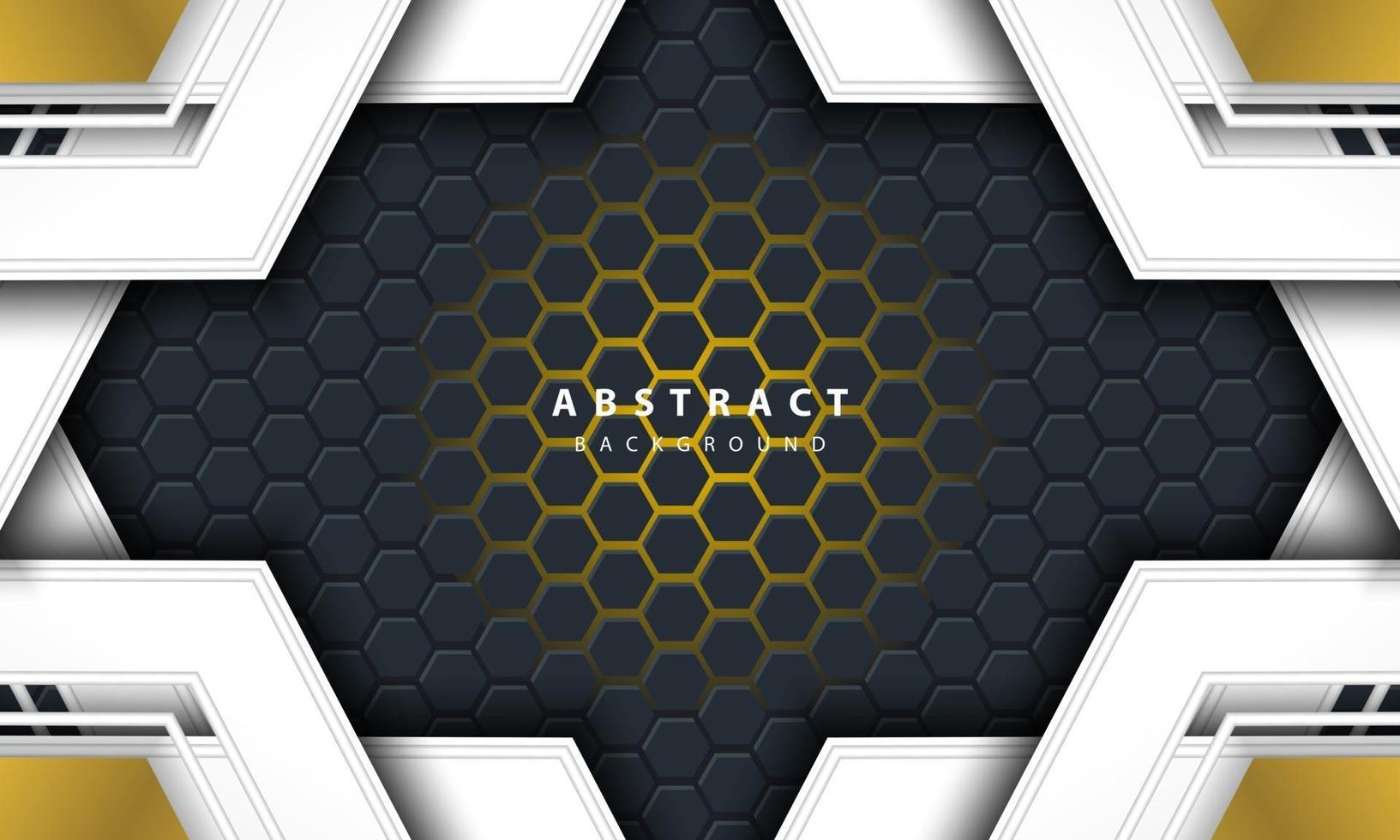 3D abstract gold light hexagonal background with gold and white frame shapes. vector