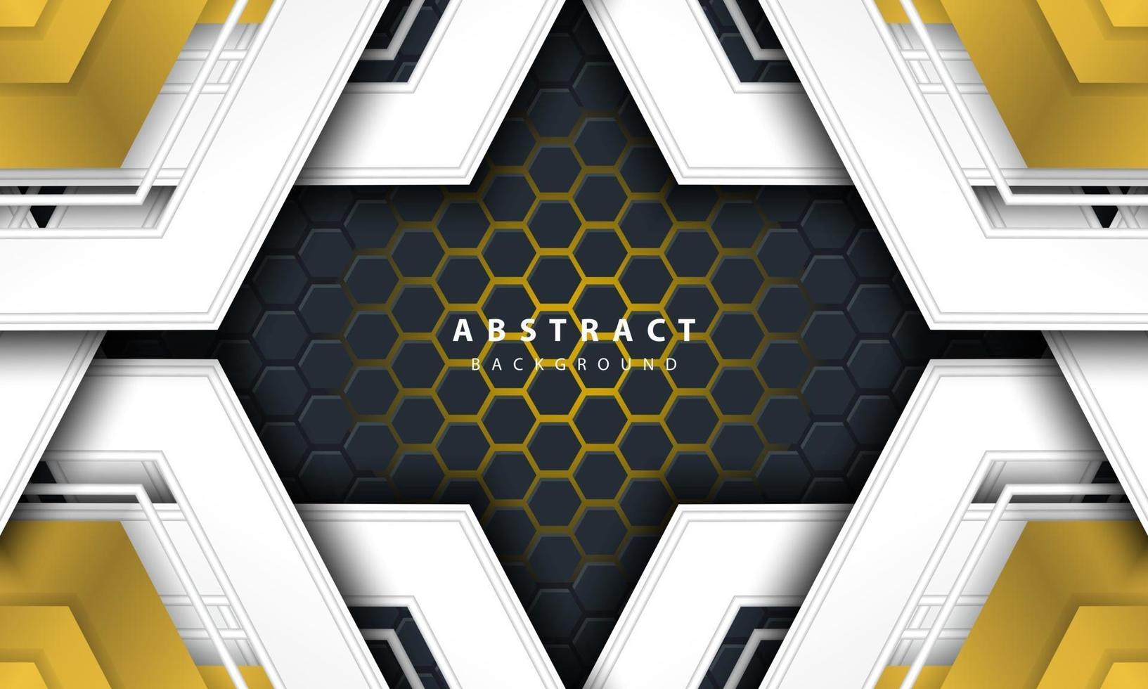 3D abstract gold light hexagonal background with gold and white frame shapes. vector