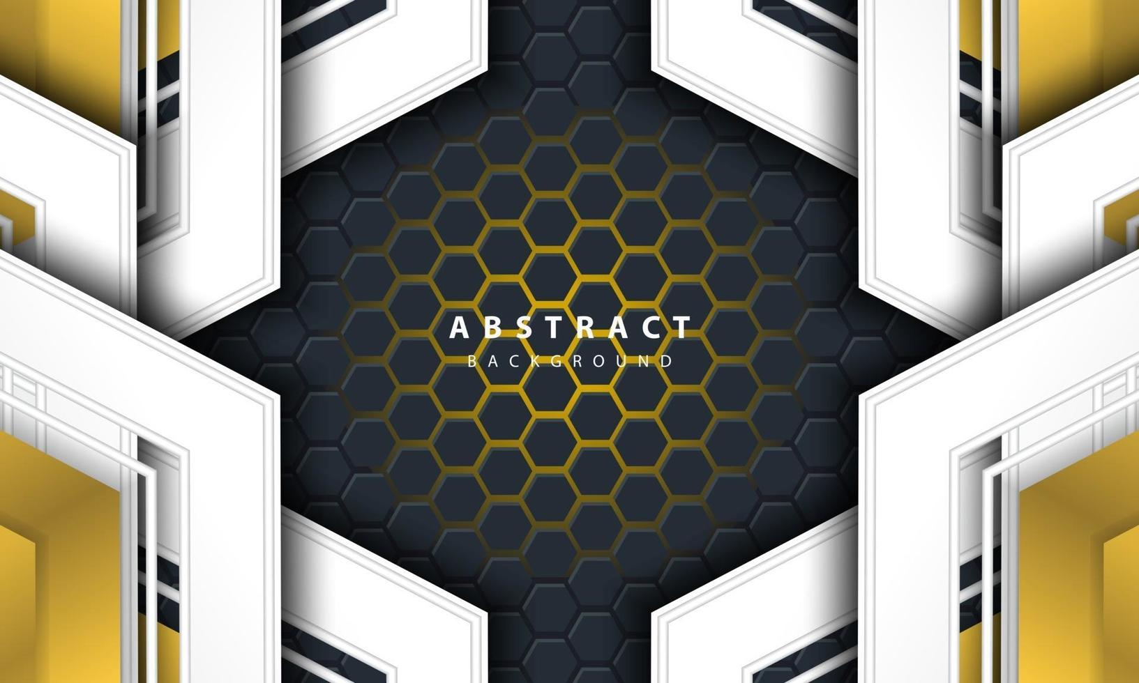 3D abstract gold light hexagonal background with gold and white frame shapes. vector
