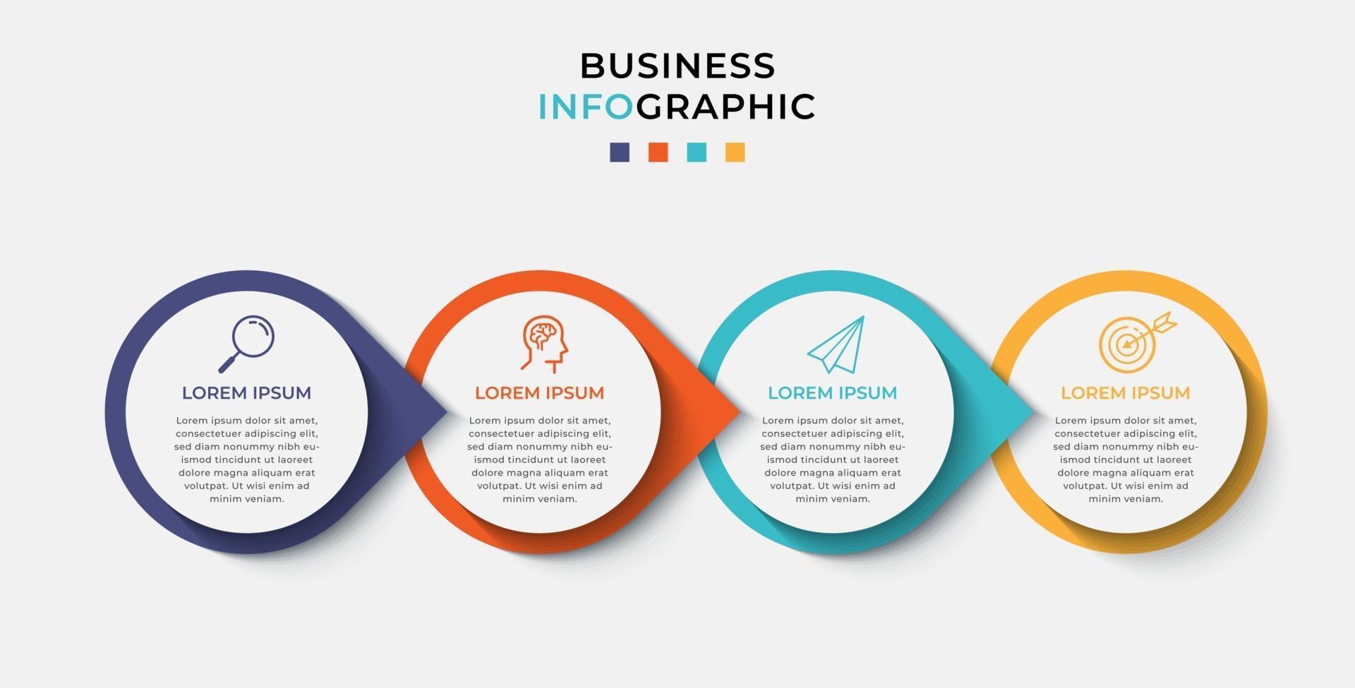 vector de plantilla de diseño de infografía empresarial con iconos y 4 cuatro opciones o pasos. se puede utilizar para diagramas de procesos, presentaciones, diseño de flujo de trabajo, pancartas, diagramas de flujo, gráficos de información