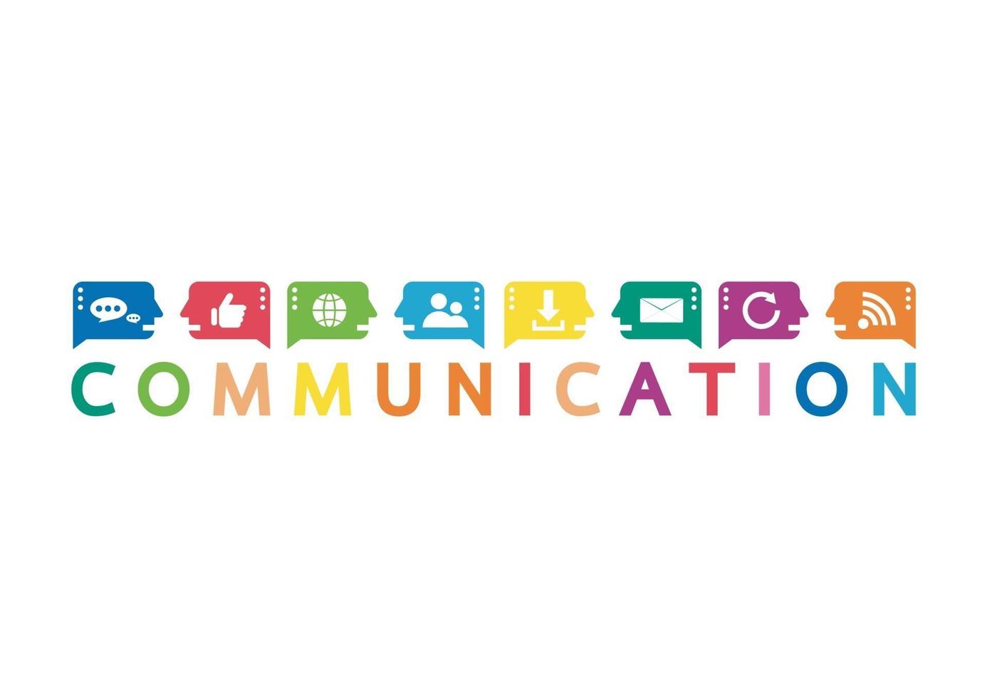 Vector illustration of a communication concept. The word communication with colorful dialog speech bubbles