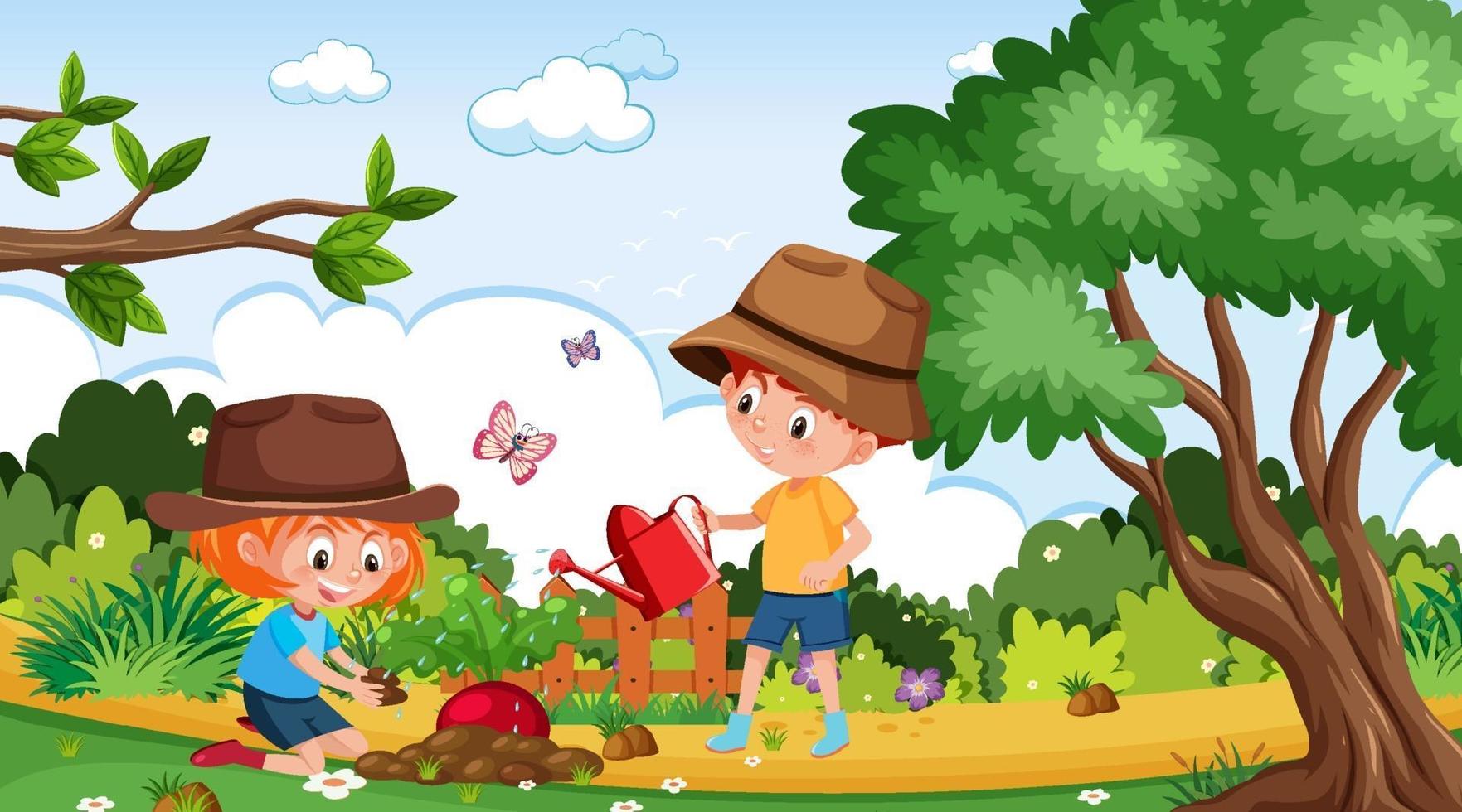 Scene with two kids planting radish in the garden vector