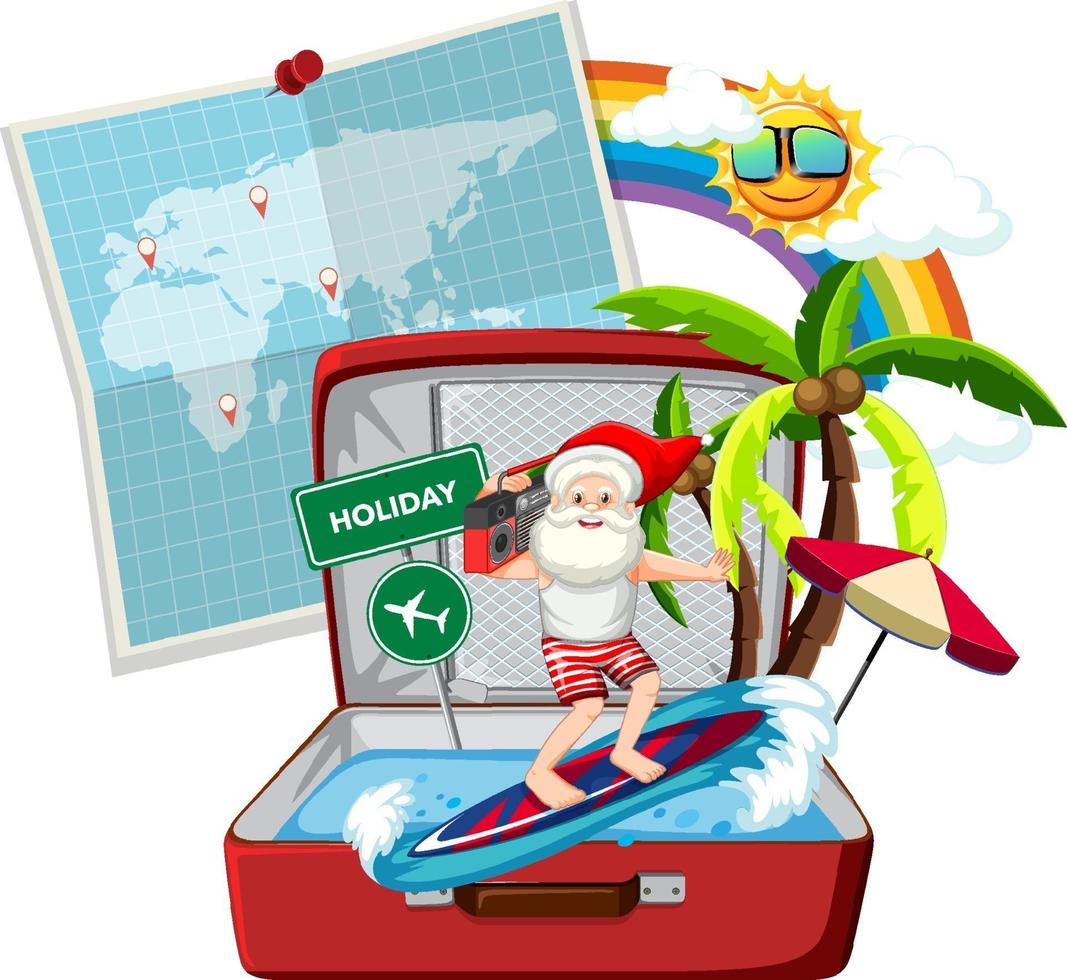 Santa Claus wearing summer costume with traveling icon vector